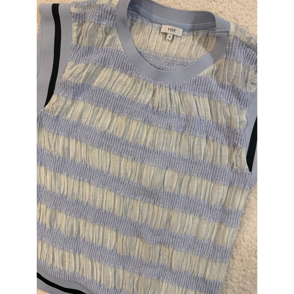 Voy Womens Light Blue White Striped Textured Sleeveless Knit Top Size M